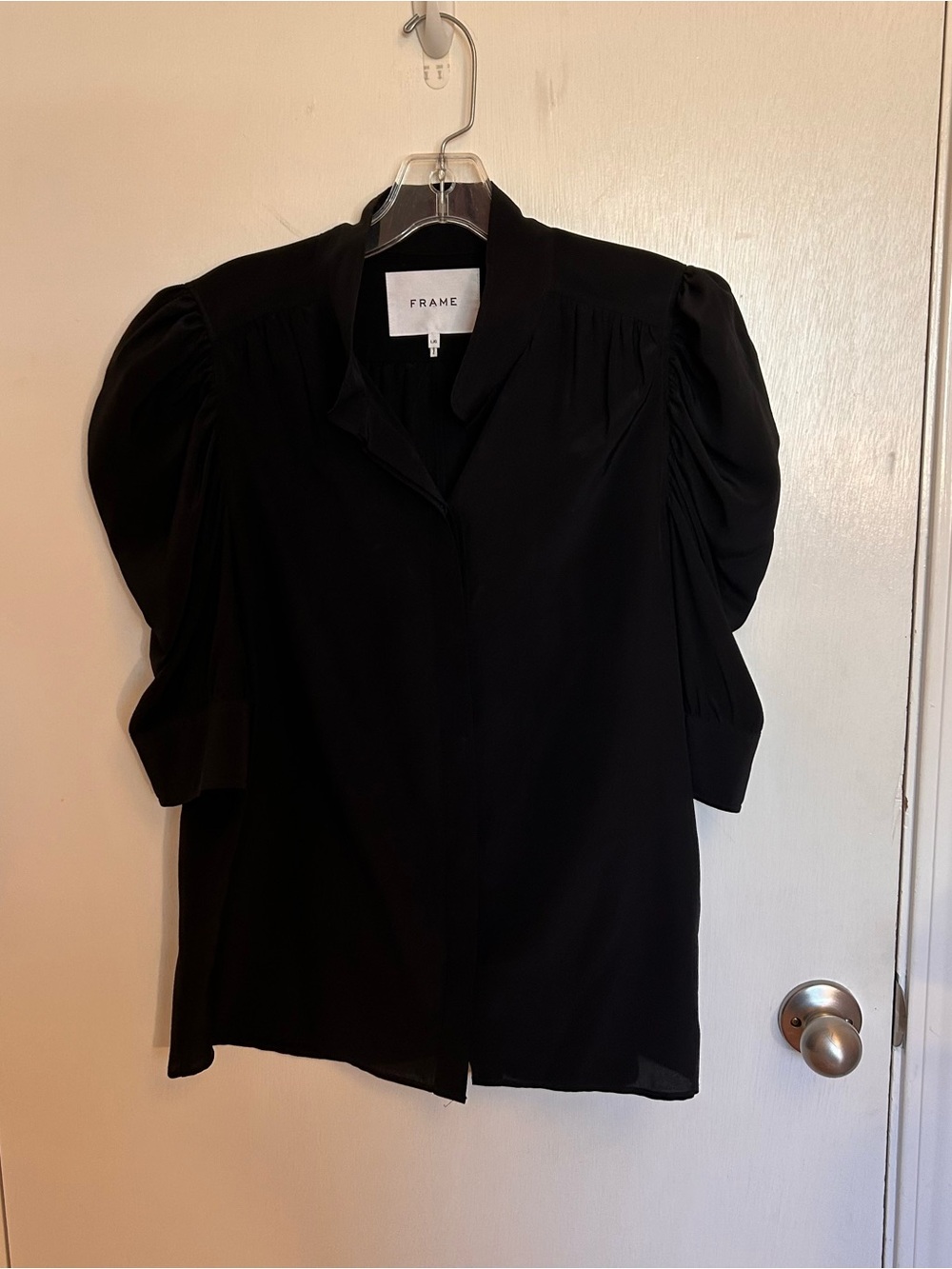 Frame Denim Silk Blend Black Puff Sleeve Blouse